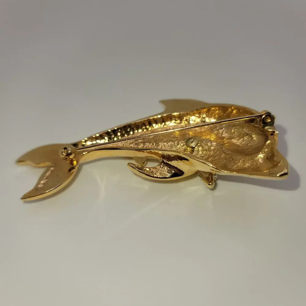 Vintage Gold-tone Dual Leaping Dolphins Trembler Baguette Round Rhinestones
